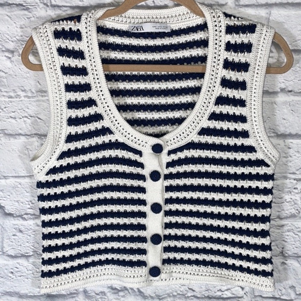 Zara Boho Striped Knit Crochet Coastal Grandma Nautical Cropped Cottagecore Vest - Picture 6 of 11